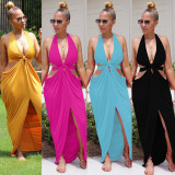 Solid color neck hanging deep V split waist skirt