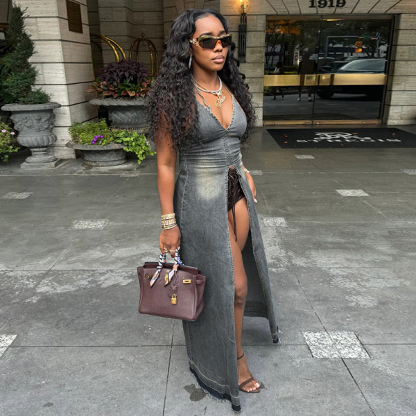 Chest hugging suspender sleeveless hanging denim skirt long skirt