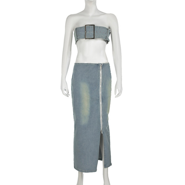 Chest hugging and navel revealing vest+lapel zipper waist hugging skirt set