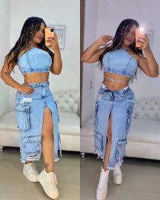Split slit perforated multi pocket denim skirt