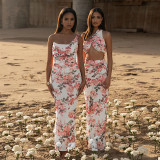 Printed waist cinched single shoulder camisole skirt