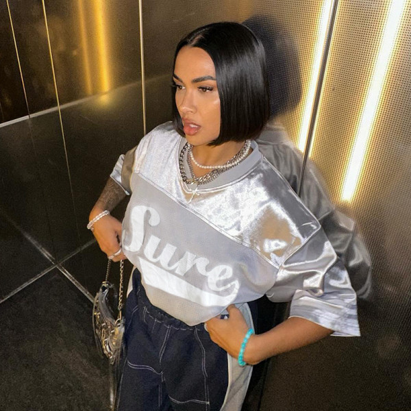 Printed patchwork V-neck T-shirt
