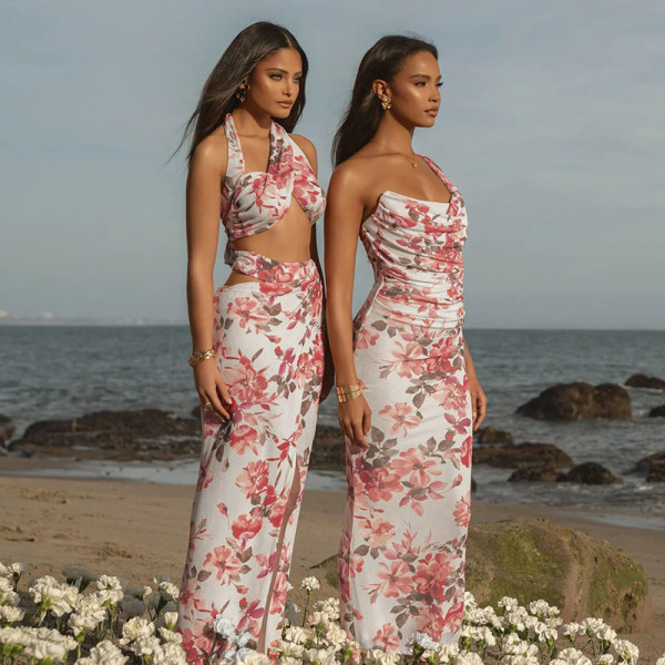 Printed waist cinched single shoulder camisole skirt