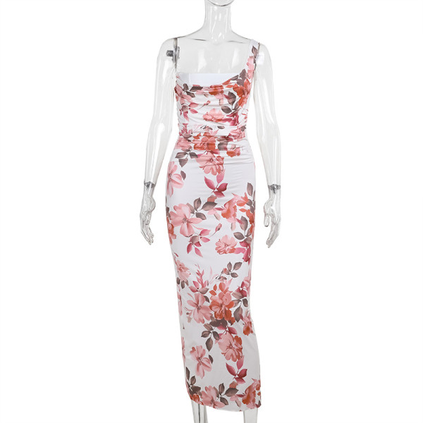 Printed waist cinched single shoulder camisole skirt