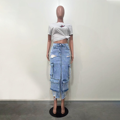 Split slit perforated multi pocket denim skirt