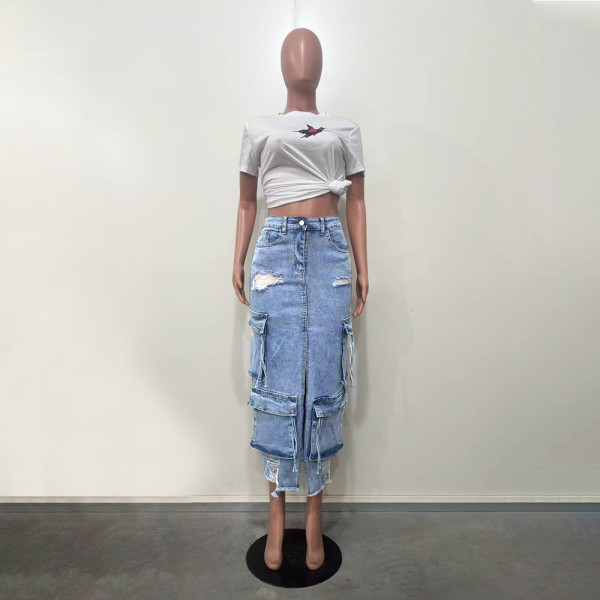 Split slit perforated multi pocket denim skirt
