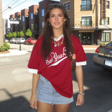 Letter printed small V-neck loose short sleeved T-shirt