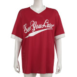 Letter printed small V-neck loose short sleeved T-shirt