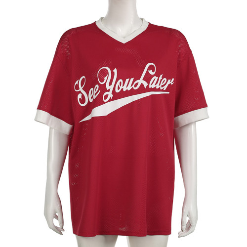 Letter printed small V-neck loose short sleeved T-shirt