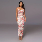 Printed waist cinched single shoulder camisole skirt