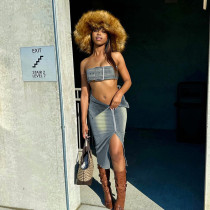 Chest hugging and navel revealing vest+lapel zipper waist hugging skirt set Chest hugging and navel revealing vest+lapel zipper waist hugging skirt set