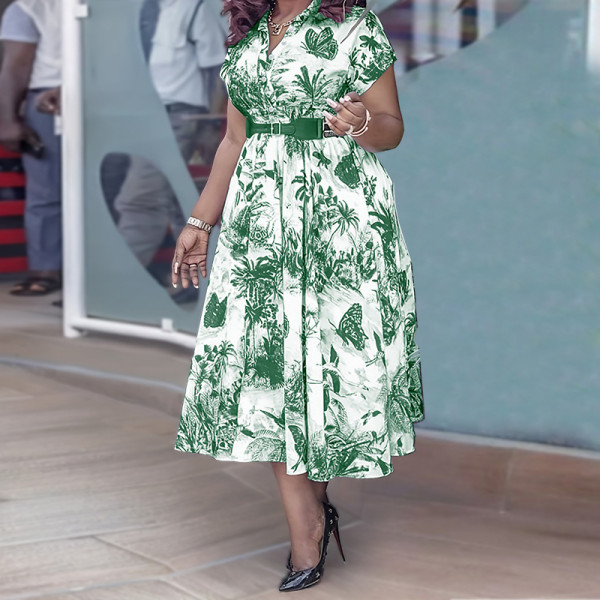 Large size women's printed stand up collar belt dress