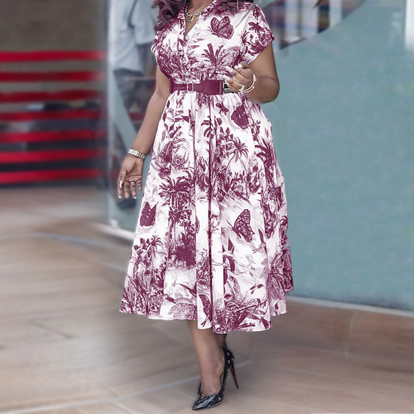 Large size women's printed stand up collar belt dress
