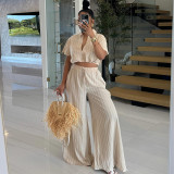 Striped short sleeved shirt high waisted drawstring wide leg pants two-piece set