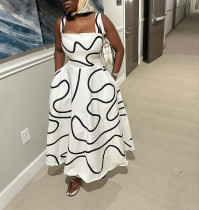 Square collar printed waist cinching mid length camisole dress Square collar printed waist cinching mid length camisole dress