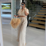 Striped short sleeved shirt high waisted drawstring wide leg pants two-piece set