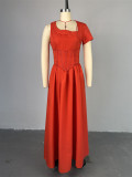 Slanted collar waist seal slimming short sleeved mid to long A-line dress