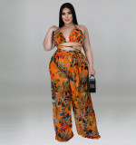 Large size women's vacation print three piece set