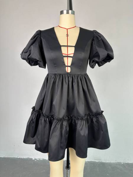 V-neck bubble sleeve high waisted A-line dress