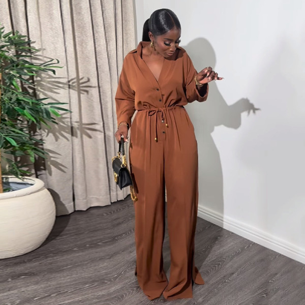 Solid color lapel long sleeved breasted waistband tie up wide leg jumpsuit