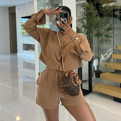 Suit collar long sleeved shirt high waisted drawstring shorts set
