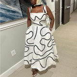 Square collar printed waist cinching mid length camisole dress
