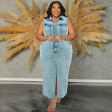 Large size women's denim sleeveless split collar dress