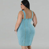 Large denim camisole fringe sleeveless short dress
