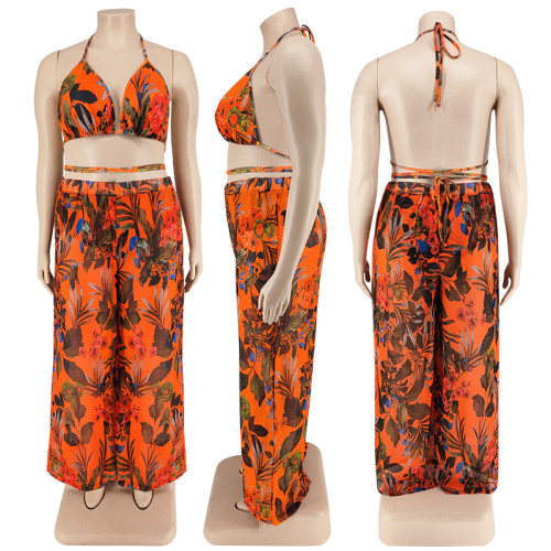 Large size women's vacation print three piece set