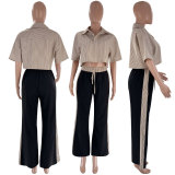 Striped shirt top loose straight leg pants set