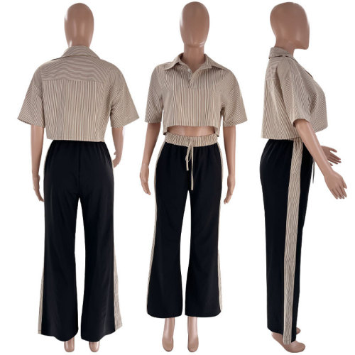 Striped shirt top loose straight leg pants set
