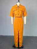Flip collar short shirt top split hip hugging skirt set