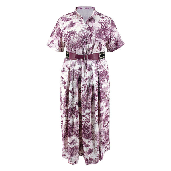 Large size women's printed stand up collar belt dress