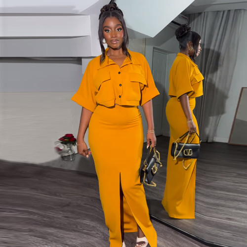 Flip collar short shirt top split hip hugging skirt set