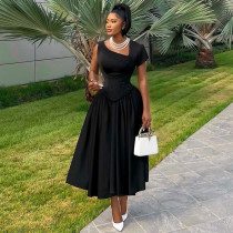 Slanted collar waist seal slimming short sleeved mid to long A-line dress Slanted collar waist seal slimming short sleeved mid to long A-line dress