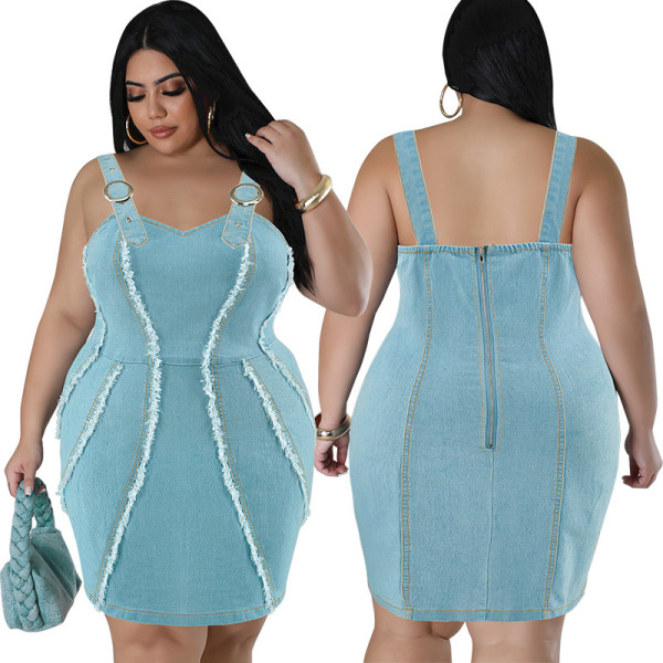 Large denim camisole fringe sleeveless short dress
