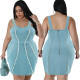 Large denim camisole fringe sleeveless short dress