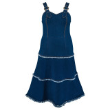 Large size long elastic suspender tassel sleeveless dress