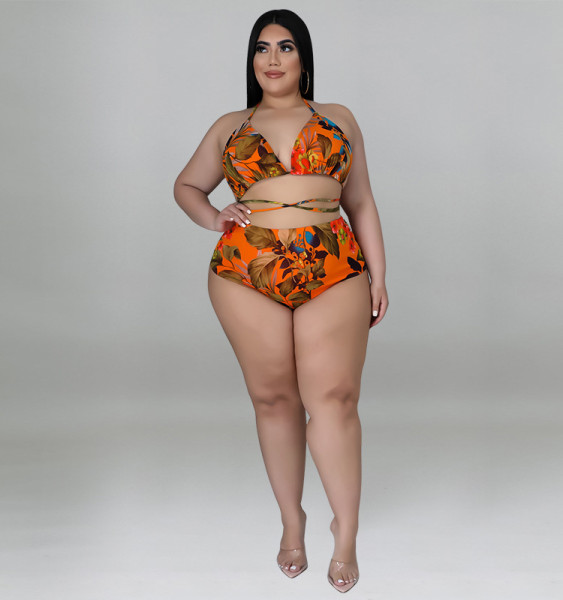 Large size women's vacation print three piece set