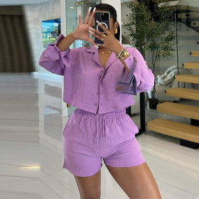 Suit collar long sleeved shirt high waisted drawstring shorts set