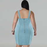 Large denim camisole fringe sleeveless short dress