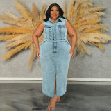 Large size women's denim sleeveless split collar dress