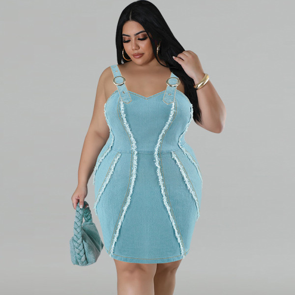 Large denim camisole fringe sleeveless short dress