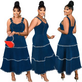Large size long elastic suspender tassel sleeveless dress