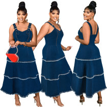 Large size long elastic suspender tassel sleeveless dress