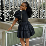 V-neck bubble sleeve high waisted A-line dress