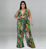 Large size women's vacation print three piece set