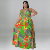 Strap backless printed sleeve dress