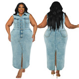 Large size women's denim sleeveless split collar dress