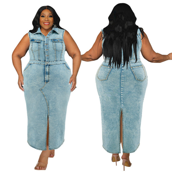 Large size women's denim sleeveless split collar dress